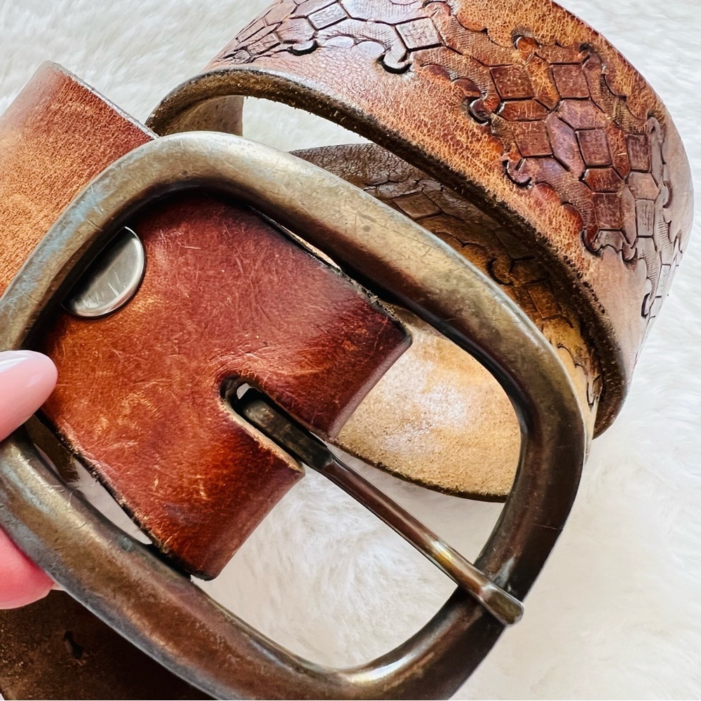 Vintage Tooled Leather Belt with Solid Brass Buckle Western Style, Size 34-36